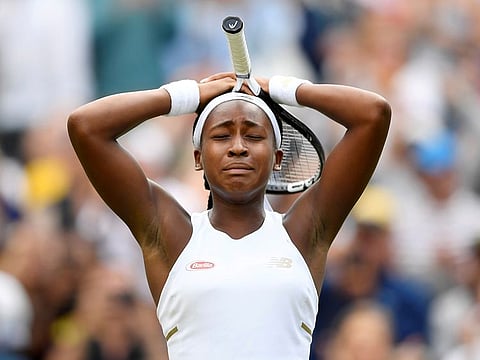 Cori Gauff celebrates winning her first round match against Venus Williams.