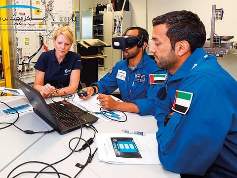 Hazza Al Mansouri and Sultan Al Neyadi during a training session at the European Astronaut Centre.