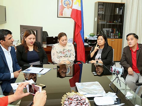 From left: Eisa Khalifeh, Sheila Mupas, consular assistant Jennifer Pimentel, Marianne Bringas and consul-general Paul Raymond Cortez at press conference in Dubai.