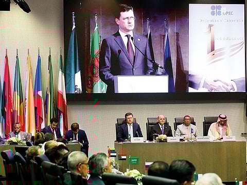 Russia’s Energy Minister Alexander Novak, Venezuela’s Oil Minister Manuel Quevedo, Opec Secretary-General Mohammad Barkindo and Saudi Minister Khalid Al Falih during the beginning of an Opec and Non-Opec meeting in Vienna, Austria, on Tuesday.