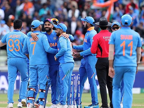 Indian cricketers celebrate their victory in the Cricket World Cup match between India and Bangladesh at Edgbaston in Birmingham, England, Tuesday, July 2, 2019.