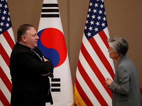 US Secretary of State Mike Pompeo talks with South Korean Foreign Minister Kang Kyung-wha at the Presidential Blue House in Seoul, South Korea, on June 30, 2019.