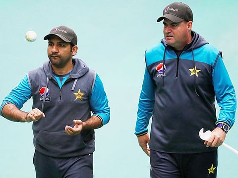 File photo: Pakistan head coach Mickey Arthur and skipper Sarfaraz Ahmad during nets.
