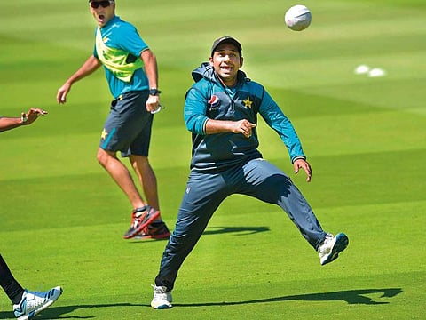 Pakistan captain Sarfaraz Ahmad takes part in a training session.