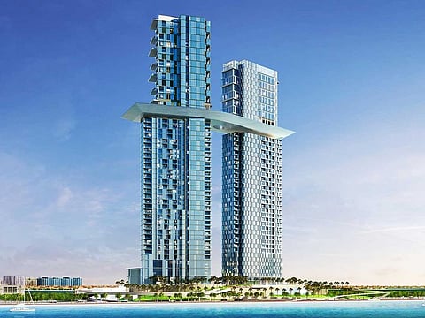 This is the Palm360 twin-tower from Nakheel, which combines a Raffles hotel and branded residences. There will be 16 penthouses and each comes with its own Infinity pool, gym and cinema. At 260 metres, the project will be the tallest structure on The Palm.
