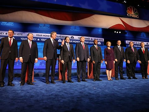 From left: Gov. John Kasich, Mike Huckabee, Jeb Bush, Sen. Marco Rubio, Donald Trump, Ben Carson, Carly Fiorina, Sen. Ted Cruz, Gov. Chris Christie and Sen. Rand Paul, on stage for the debate of Republican presidential hopefuls at the University of Colorado in Boulder, October 28, 2015. Democratic presidential hopefuls in 2020 face the daunting task of vying for attention in a series of debates including 20 candidates. Republicans had a similar problem in 2016.