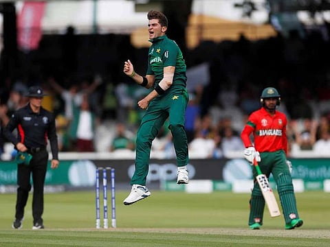 Pakistan's Shaheen Afridi celebrates taking the wicket of Bangladesh's Mustafizur Rahman to win the match