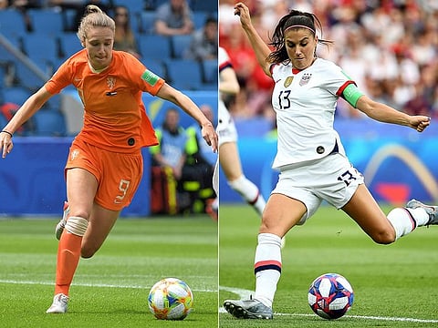 Netherlands' forward Vivianne Miedema, left, and United States' midfielder Alex Morgan. The United States will face the Netherlands on July 7, 2019 in the women's World Cup final to be played in Lyon.