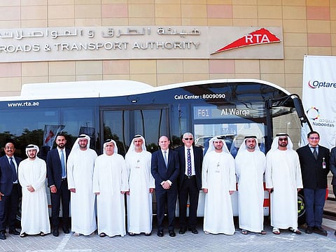 Mattar Al Tayer inspected an Optare bus after attending a briefing about the technical specifications. The buses have a low-floor door for the benefit of people of determination apart from deluxe interior finishing, LED destination boards, WiFi and USB charging ports.