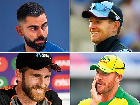 Clockwise from left: India captain Virat Kohli , England captain Eoin Morgan, Australia captain Aaron Finch and and New Zealand captain Kane Williamson