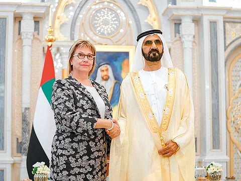 Shaikh Mohammad with Marianne Nissila, the new Ambassador of Finland to the UAE.