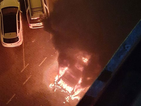 A Range Rover burst into flames at King Faisal Street, Sharjah.