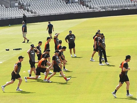 New Zealand players take part in a training session at Old Trafford in Manchester, ahead of their World Cup semi-final match against India.