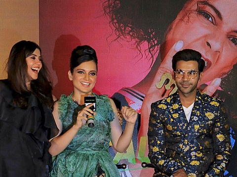 Mumbai: Bollywood actor Rajkummar Rao, actress Kangana Ranaut and  film producer and director Ekta Kapoor attend the trailer launch of their upcoming Hindi film ‘Judgementall Hai Kya’ in Mumbai, Sunday, July 7, 2019. (PTI Photo)
(PTI7_8_2019_000097B)