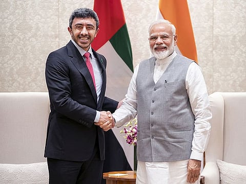 Indian PM Narendra Modi (right) and Shaikh Abdullah Bin Zayed Al Nahyan, Minister of Foreign Affairs and International Cooperation, shared views on the latest regional and international developments and a number of issues of common interest.