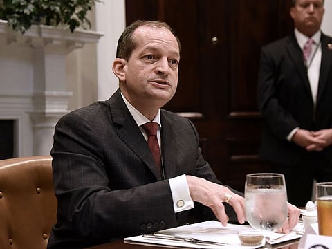 In this file photo taken on June 21, 2018 Secretary of Labor Alexander Acosta speaks during a working lunch with governors in the Roosevelt Room of the White House, in Washington, DC.