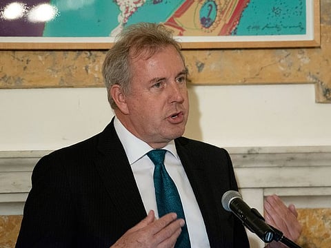 In this Friday, Oct. 20, 2017 photo, British Ambassador Kim Darroch hosts a National Economists Club event at the British Embassy in Washington.