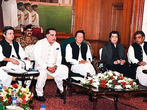Prime Minister Imran Khan chairs a meeting of the business community at the Governor’s House in Karachi.