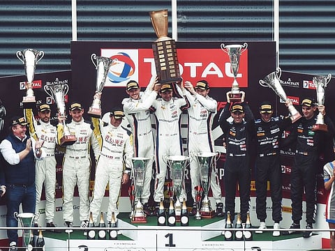 The GPX Racing team celebrate their win in Spa, Belgium.