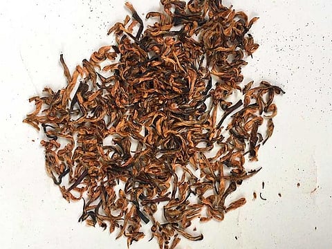 Maijan Orthodox Golden tea leaves on display during an auction in Guwahati, Assam.