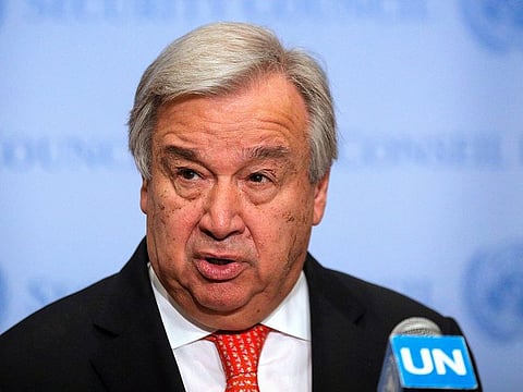 United Nations Secretary General Antonio Guterres speaks at the Security Council stakeout at the United Nations headquarters in New York.