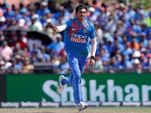 India's Navdeep Saini reacts after taking the wicket of West Indies' Shimron Hetmyer during the first Twenty20 international match, on August 3, 2019, in Lauderhill, Florida.