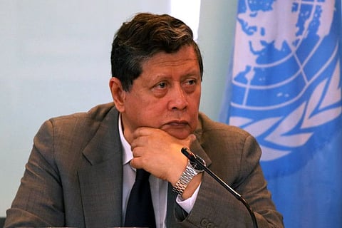 Marzuki Darusman, chairperson of the Independent International Fact-finding Mission (IFFM) on Myanmar, gestures during a news conference at the United Nation office in Jakarta, Indonesia, August 5, 2019.