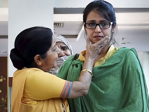 In this May 25, 2017 file photo is seen then external affairs minister Sushma Swaraj greeting Uzma who alleged that she was forced to marry a Pakistani man and was allowed by the Islamabad High Court to return India, in New Delhi.