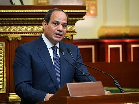 In this June 2, 2018 file photo provided by Egypt's presidency media office, Egyptian President Abdel-Fattah el-Sissi addresses the chamber after he was sworn in for a second four-year term in Cairo, Egypt.