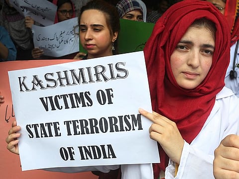Pakistani students attend an anti-Indian rally in Lahore, Pakistan, Wednesday, Aug. 7, 2019.
