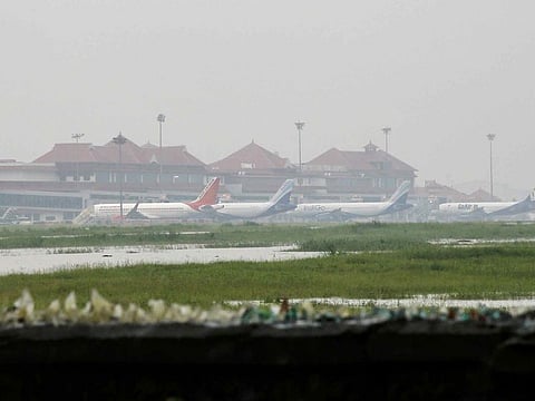 Planes are seen parked inside the flooded Cochin international airport following heavy rain, on the outskirts of Kochi, India, August 9, 2019.