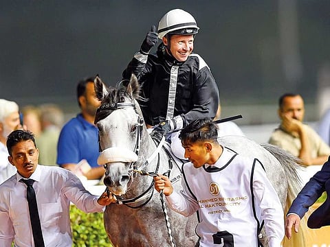 AF Maher, ridden by jockey Tadhg O Shea and trained by Ernst Oertel, after winning the Al Maktoum Challenge at Meydan in Dubai earlier this year.