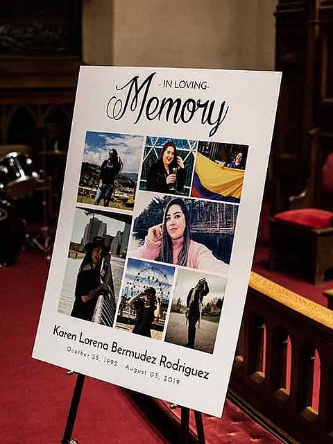A sign on display at a memorial service for Karen Bermudez-Rodriguez at the Morrow Memorial United Methodist Church in Maplewood, N.J., Aug. 7, 2019.