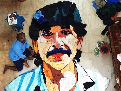 Artist Davinchi Suresh made a massive cloth portrait of Noushad - the textile dealer from Kochi whose act of kindness during this year's floods went viral