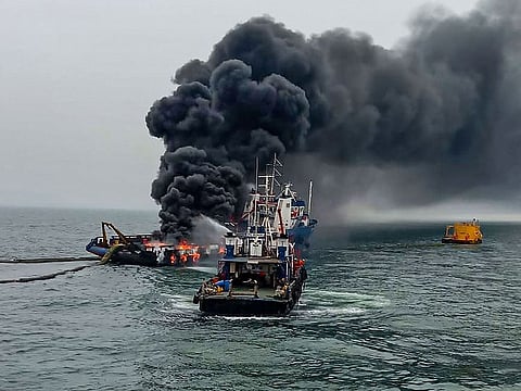 Indian Coast Guard personnel douse the fire that broke out at Offshore Support Vessel 'Coastal Jaguar' off the coast of Visakhapatnam, on Aug 12, 2019.