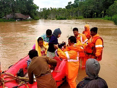 Rescue personnel during rescue operations at a flood affected area in Wayanad, on August 10, 2019.