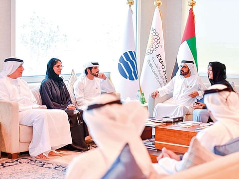 Sheikh Mohammed Bin Rashid and Sheikh Hamdan Bin Mohammed during a meeting with Reem Ebrahim Al Hashemi and Khalifa Saeed Sulaiman at the Expo 2020 main office in Dubai.