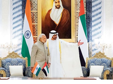 His Highness Shaikh Mohammad Bin Zayed Al Nahyan, Crown Prince of Abu Dhabi and Deputy Supreme Commander of the UAE Armed Forces with Indian Prime Minister Narendra Modi during the latter’s visit to the UAE (File image)