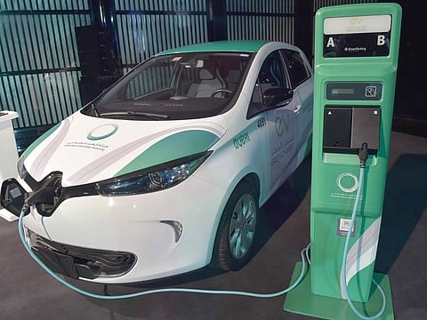 Electric car with a charging station on display during a press conference to announce a package of Incentives for Electric-Vehicle Users in Dubai in a press conference at Armani Hotel in Dubai on 24th September 2017. Photo: Pankaj Sharma/Gulf News