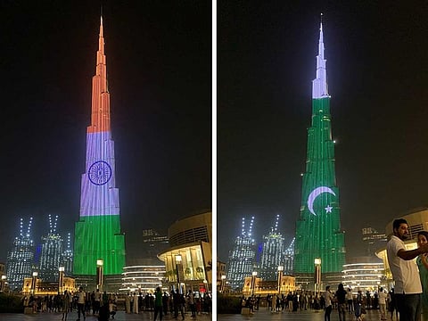Flags of both India and Pakistan were projected onto the Burj Khalifa on Friday night to mark each country’s Independence Day.