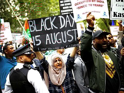 Demonstrator protest against the scrapping of the special constitutional status in Kashmir by the Indian government, outside the Indian High Commission in London.