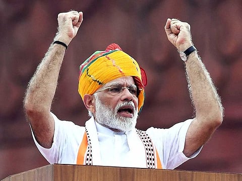 India's Prime Minister Narendra Modi delivers a speech to the nation during a ceremony to celebrate country's 73rd Independence Day, at the Red Fort in New Delhi on August 15, 2019.