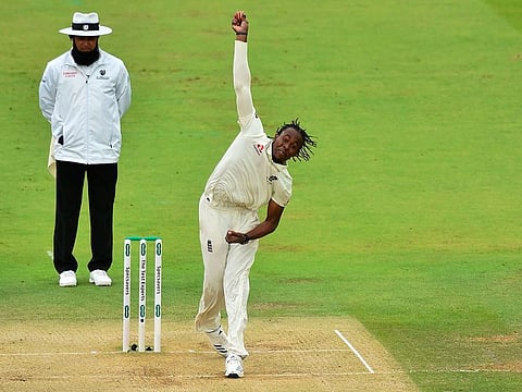 England's Jofra Archer bowls during the second Ashes cricket Test match against Australia at Lord's Cricket Ground in London.