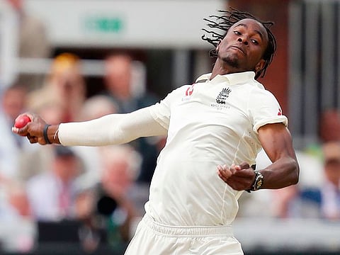 England's Jofra Archer bowls during the second Ashes cricket Test match against Australia at Lord's Cricket Ground in London.
