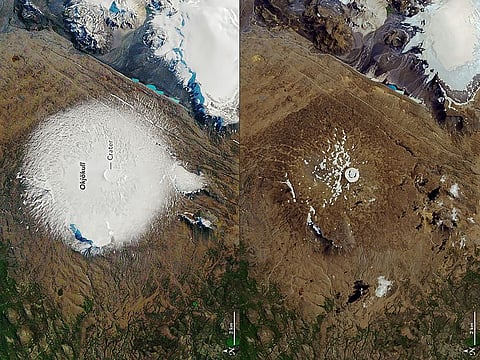 This combination created on August 09, 2019 shows a NASA handout image taken on September 7, 1986 showing the Okjökull glacier atop the Ok Volcano in Iceland (top). And a NASA handout image taken on August 1, 2019 showing the top of the Ok Volcano where the Okjokull glacier has melted away throughout the 20th century and was declared dead in 2014. Iceland is planning to mark the passing of Okjokull, its first glacier lost to climate change which threatens some 400 others on the subarctic island.