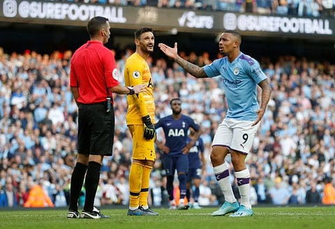 Manchester City's Gabriel Jesus argues with referee Michael Oliver after his goal is disallowed following a VAR review against Tottenham Hotspur at the Etihad Stadium on Saturday night.