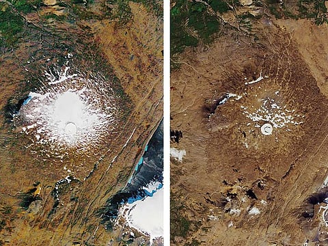 Photos provided by Nasa show the shrinking of the Okjokull glacier on the Ok volcano in west-central Iceland. A geological map from 1901 estimated Okjökull spanned an area of about 38sqkm. In 1978, the glacier was 3 sqkm. In 2019, less than 1 sqkm remains.