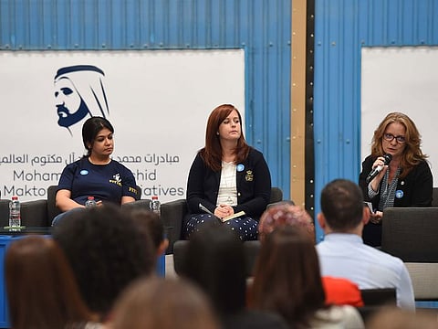 Diyar Faris, Fred Hollows Foundation, Nicola Lee, Partnerships Manager and Moderated by Sophie Barbey, ICRC in the panel discussion during the celebration of World Humanitarian Day at International Humanitarian City Warehouse Dubai.