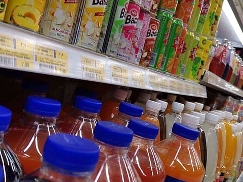 Sugary and soft drink shelf at a supermarket in Dubai.