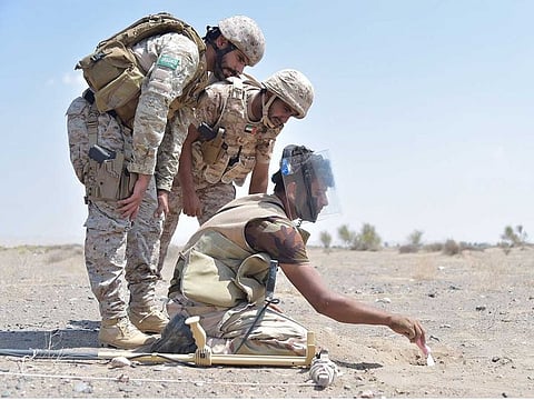 Arab Coalition forces take part in demining operations in Yemen. The UAE has dedicated massive financial resources and many of its own soldiers on the ground, several of whom have been martyred, paying the ultimate sacrifice.